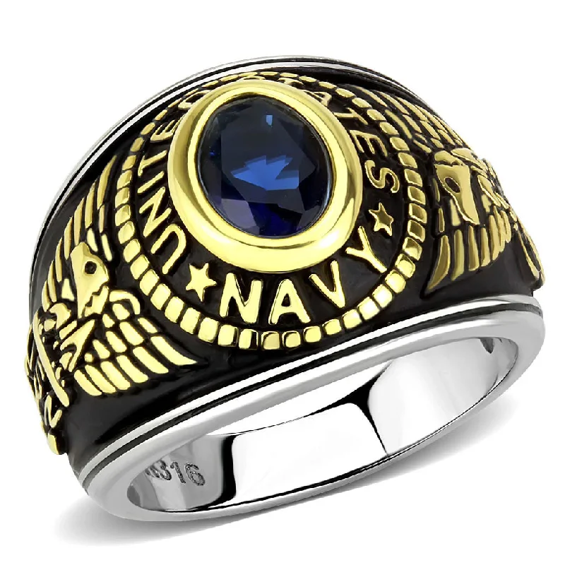 floral eternity sapphire ring-Glossy stone ring-Unisex Simulated Blue Sapphire US Navy Two-Tone Stainless Steel Ring