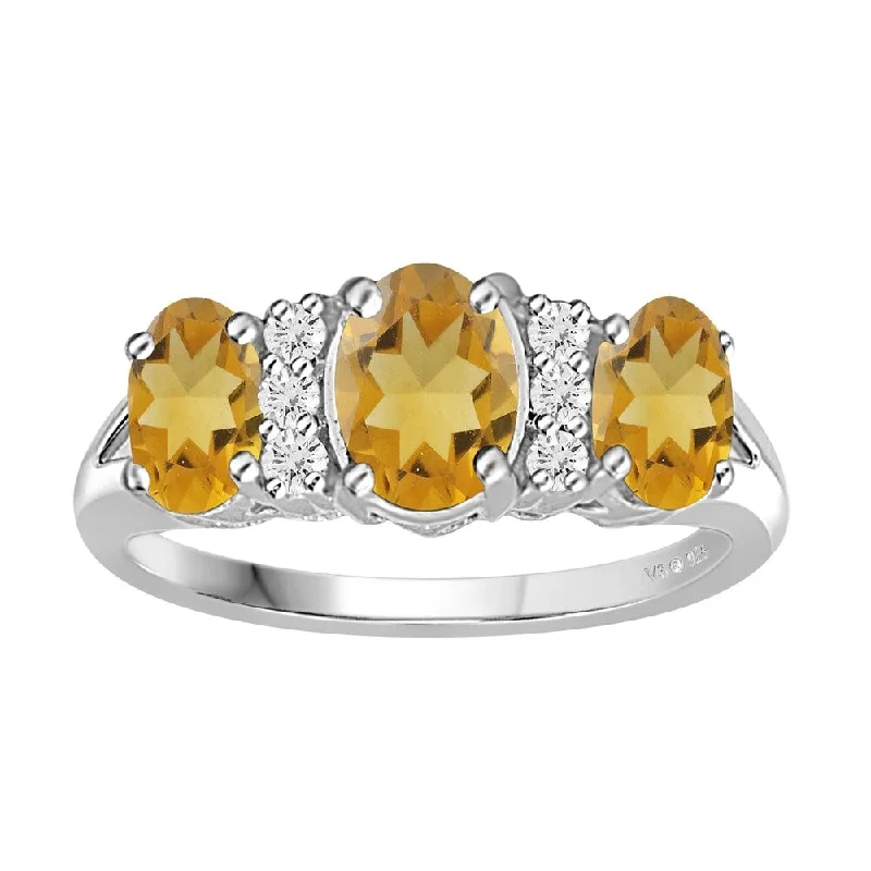 nature-themed ridge crest ring-Fern vine ring-V3 Jewelry 925 Sterling Silver with Oval Shape Natural Citrine and White Topaz Three Stone Ring for Women