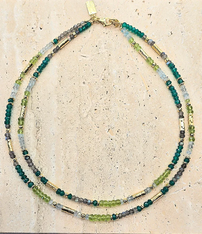 rustic chalcedony beaded necklace-Inset chain necklace-Yaron Morhaim Green Cove Necklace