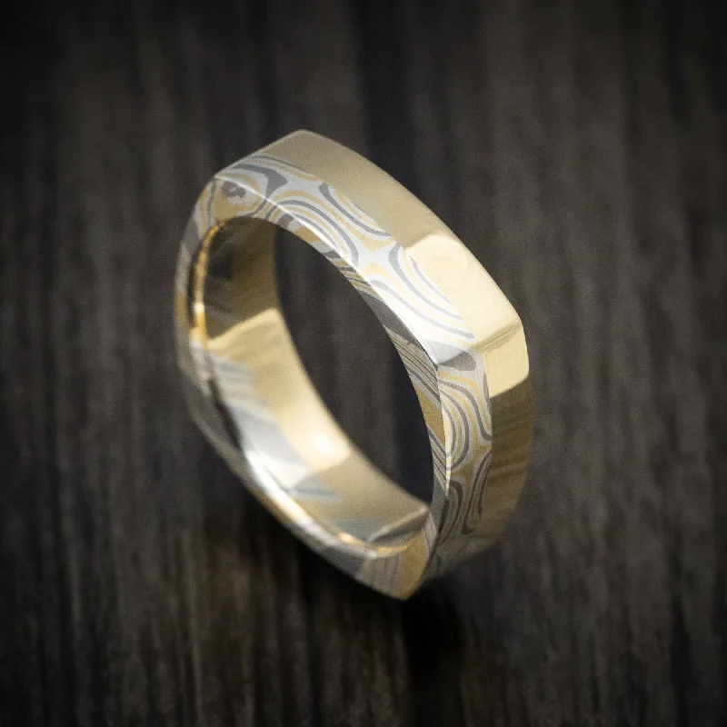 adjustable branch crest ring-Curled alloy ring-Yellow Gold White Gold and Silver Mokume Gane Custom Made Square Men's Ring