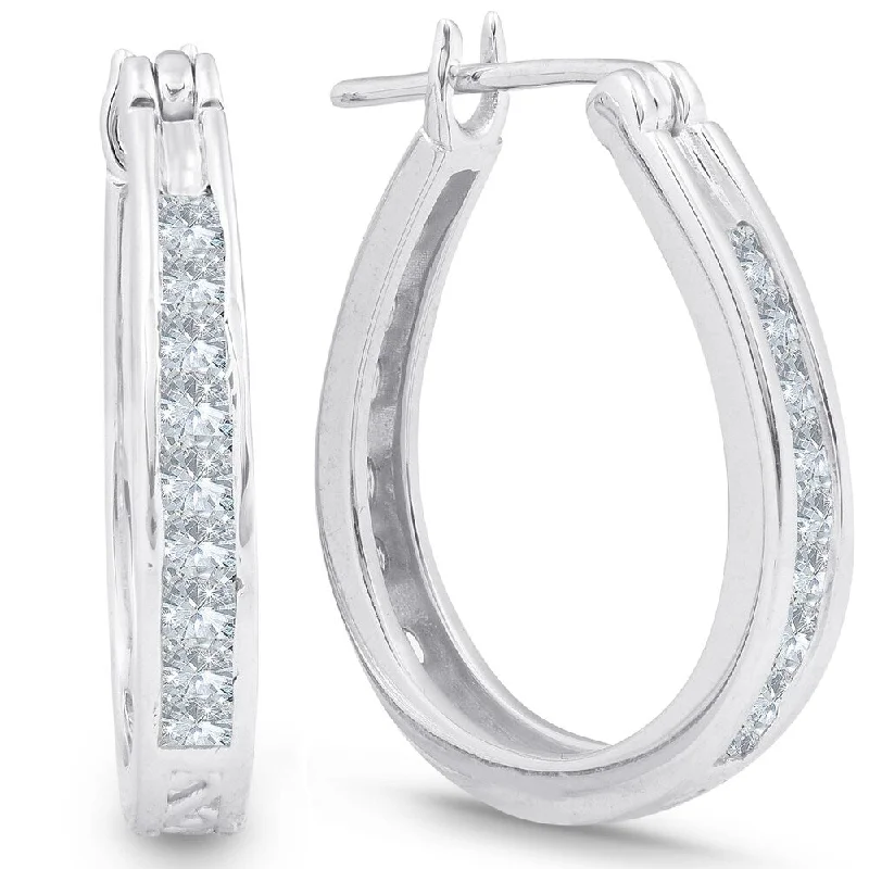 nature-themed ridge crest earrings-Fern vine earrings-1/2 cttw Princess Cut Diamond Hoops 10K White Gold 3/4" Tall