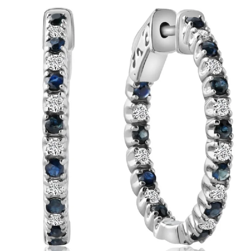 matte bronze spiral earrings-Flickering light earrings-1.25Ct Diamond & Blue Sapphire Inside Outside Hoops 14k White Gold Lab Grown