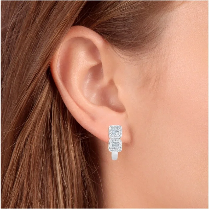 adjustable summit ridge earrings-Tulip set earrings-1 cttw Princess Cut Pave Diamond Hoops 10K White Gold 3/4" Tall