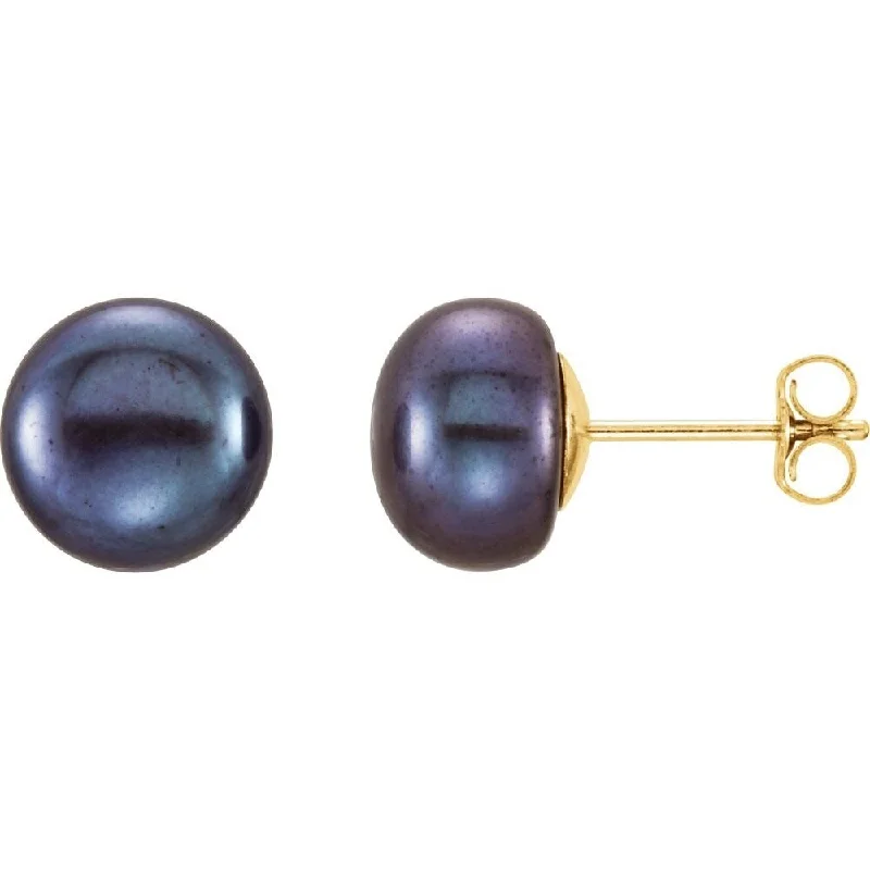 bohemian totem earrings-Ridge stud earrings-14k Yellow Gold 8-9 mm Black Freshwater Cultured Pearl Stud Earring for Women