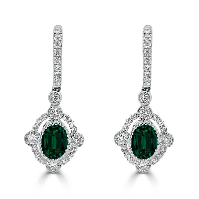 bold heptagonal topaz earrings-Dream set earrings-Auriya 1 3/8ct Fancy Oval-cut Emerald Halo Diamond Dangle Earrings 7/8ctw 18k Gold