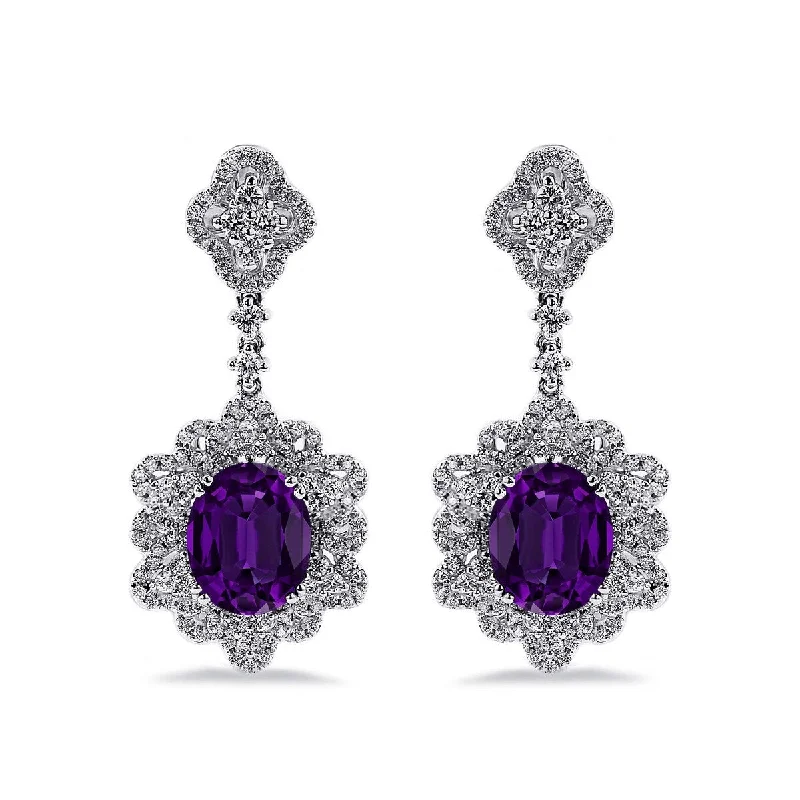 bold ruby summit apex earrings-Lacquered finish earrings-Auriya 4 5/8ct Fancy Oval-cut Amethyst Halo Diamond Drop Earrings 1 1/4ctw 18k Gold