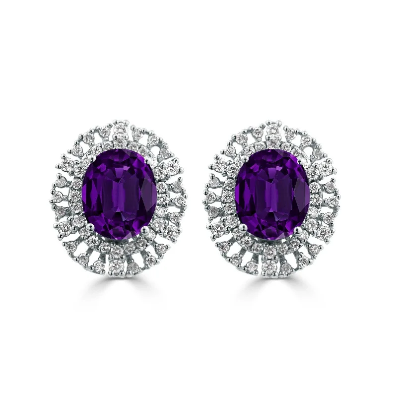 minimalist crest apex earrings-Outer stone earrings-Auriya 4 5/8ct Fancy Oval-cut Purple Amethyst Halo Diamond Earrings 1 1/10cttw 18K Gold