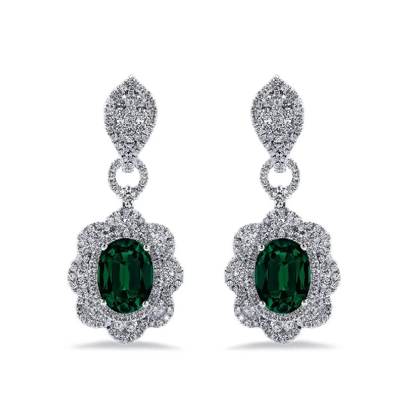 inscribed eternity drop earrings-Raised gem earrings-Auriya 4 9/10ct Fancy Oval-cut Emerald Halo Diamond Drop Earrings 2 3/4ctw 18k Gold