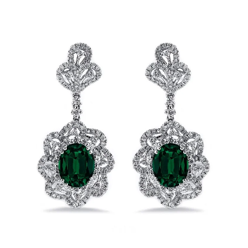 vintage-inspired sapphire earrings-Mixed texture earrings-Auriya 4 9/10ct Fancy Oval-cut Emerald Halo Diamond Drop Earrings 2ctw 18k Gold