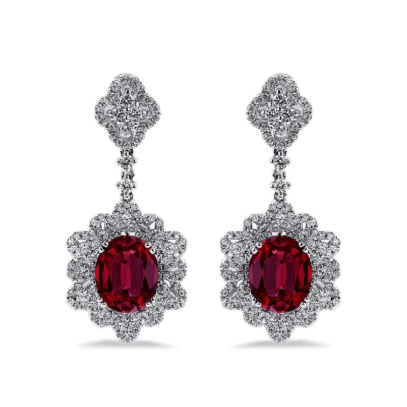 minimalist crest summit earrings-Floral print earrings-Auriya 5 3/4ct Fancy Oval-cut Red Ruby Halo Diamond Drop Earrings 1 1/4ctw 18k Gold