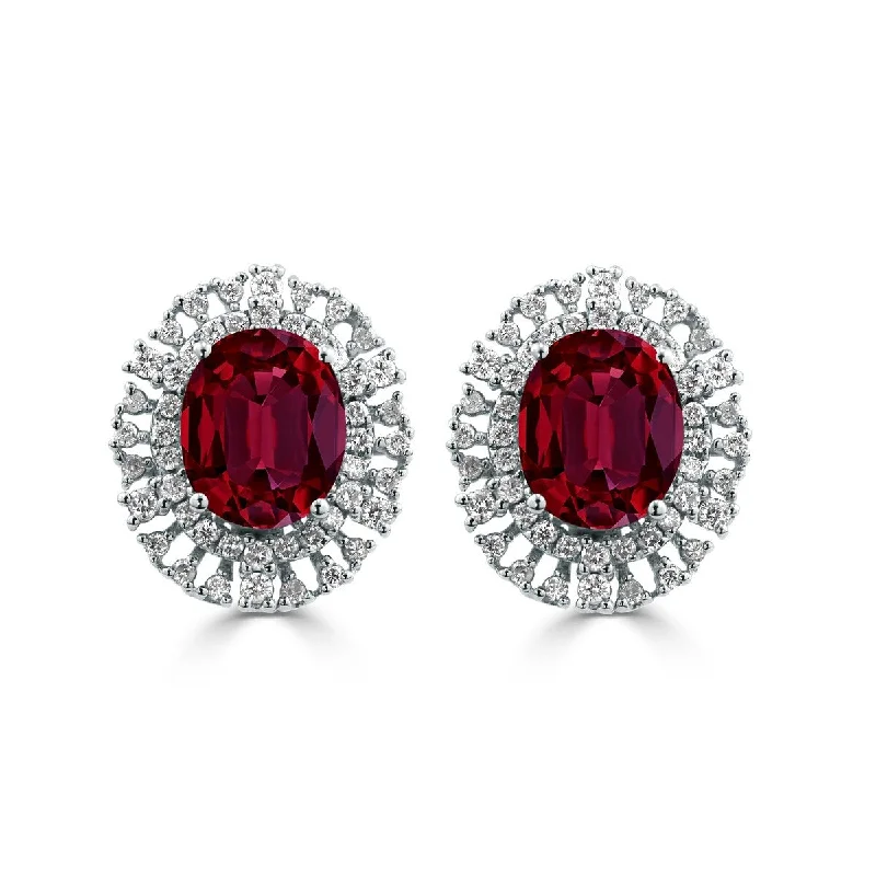 bohemian summit ridge earrings-Arcing hoop earrings-Auriya 5 3/4ct Fancy Oval-cut Red Ruby Halo Diamond Earrings 1 1/10cttw 18K Gold