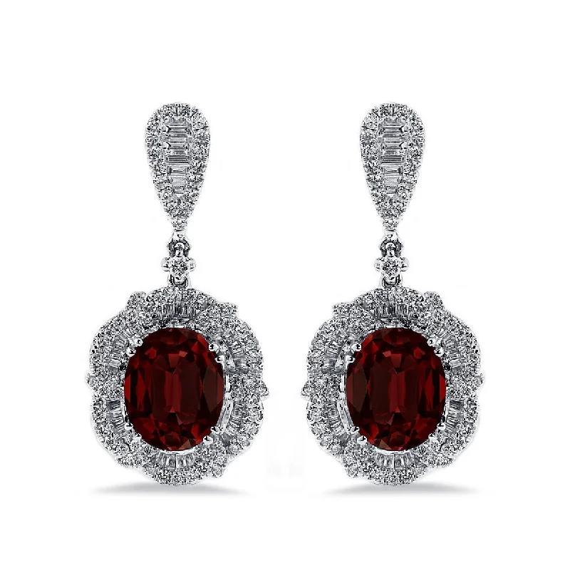 nature-themed crest ridge earrings-Carved pattern earrings-Auriya 5 5/8ct Fancy Oval-cut Garnet Halo Diamond Drop Earrings 2 1/8ctw 18k Gold