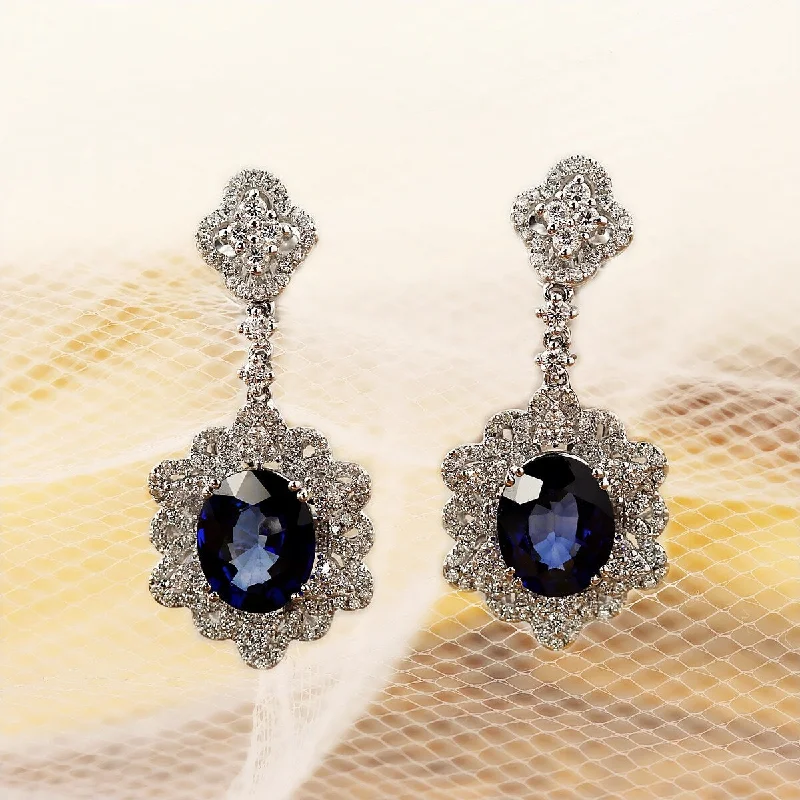 vintage-style opal earrings-Early stone earrings-Auriya Fancy 5 3/4ct Royal Blue Sapphire Oval and 1 1/4ctw Dangling Halo Diamond Earrings 18K Gold