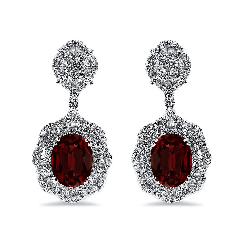 artisan-crafted silver earrings-Faint color earrings-Auriya Fancy 5 5/8ct Oval-cut Garnet Gemstone and 2 5/8ctw Diamond Dangling Earrings 18K Gold