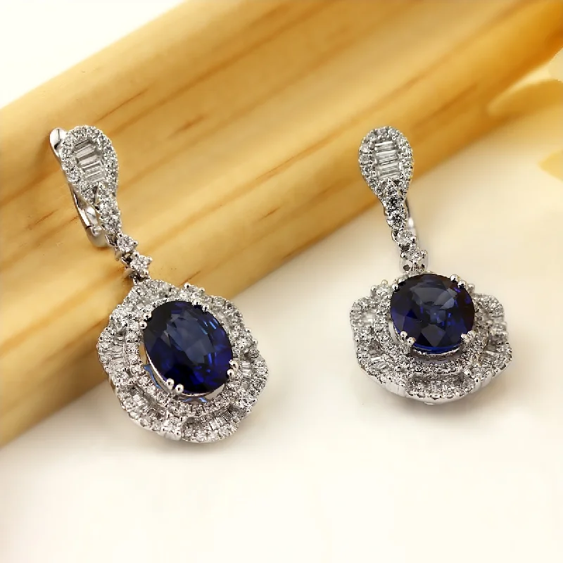 minimalist peak apex earrings-Art deco style earrings-Auriya Fancy 5 9/10ct Royal Blue Sapphire Oval and 2 1/3ctw Halo Diamond Dangle Earrings 18K Gold