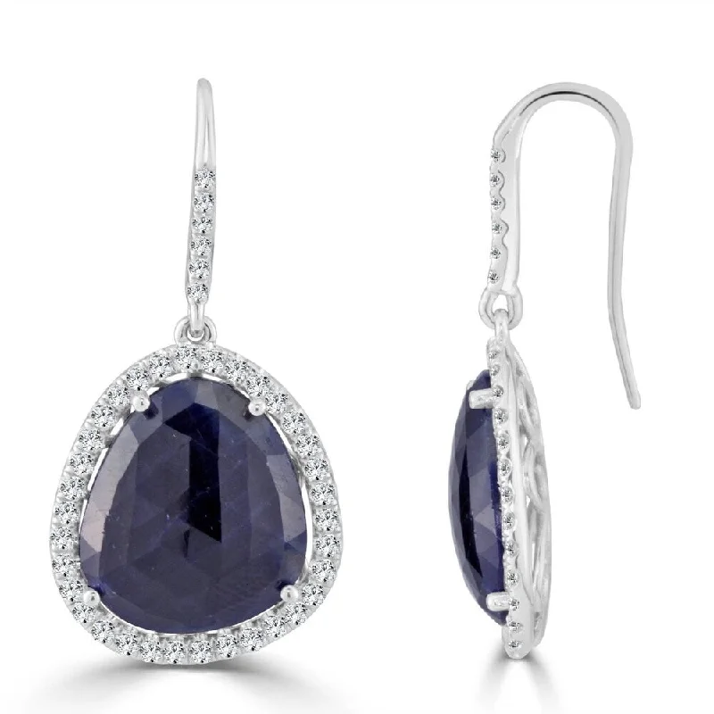 artisan-crafted gold earrings-Jute wrap earrings-Auriya Fancy Shaped 15ct Blue Sapphire and 1 1/5ctw Halo Diamond Drop Earrings 14k White Gold