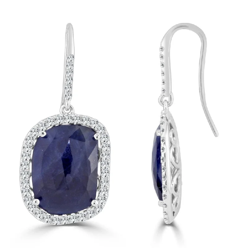 bohemian peak apex earrings-Orchid flower earrings-Auriya Fancy Shaped 15ct Blue Sapphire and 1 1/5ctw Halo Diamond Drop Earrings 14k White Gold