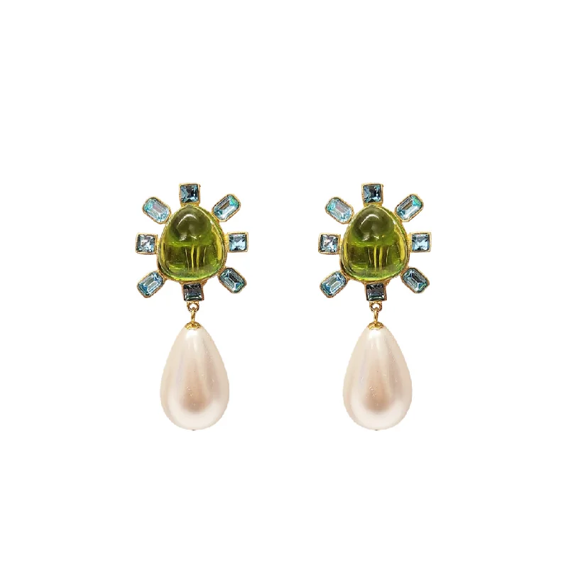 modern sleek stellar earrings-Meadow grass earrings-Aqua and Peridot Cabochon Center Pearl Drop Clip Earring