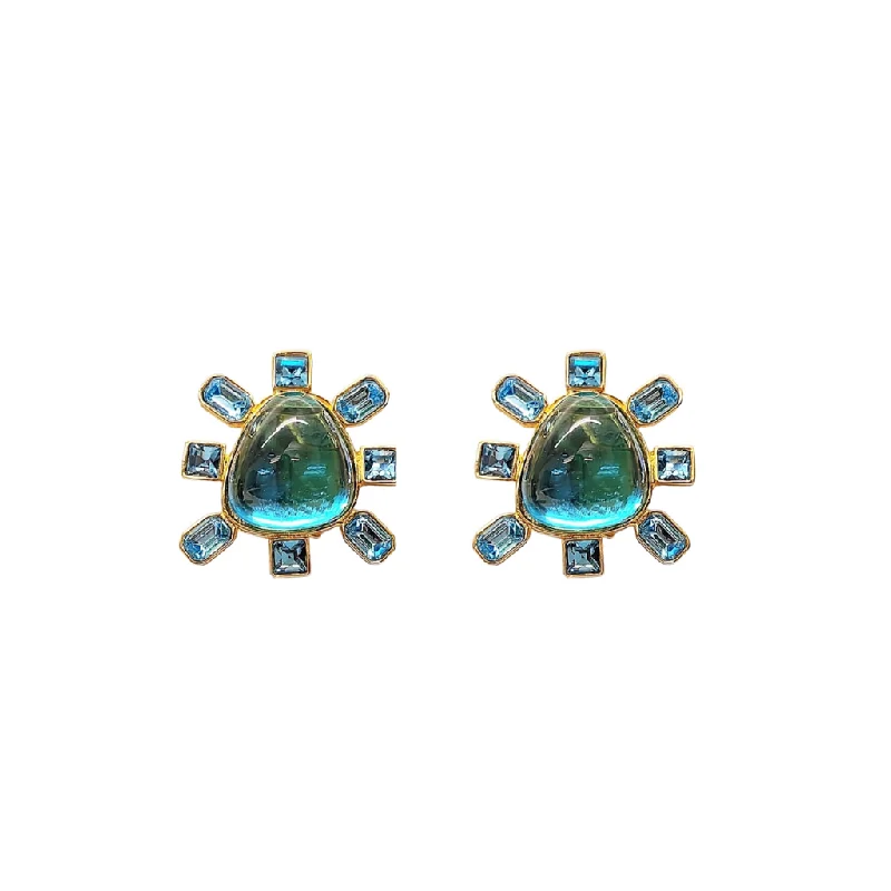 floral-inspired peridot earrings-Baroque twist earrings-Aqua and Aqua Cabochon Center Clip Earring