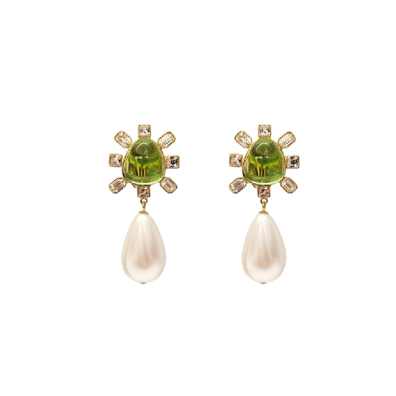 modern layered opal earrings-Infinity knot earrings-Clear Crystal and Peridot Cabochon Center Pearl Drop Clip Earring