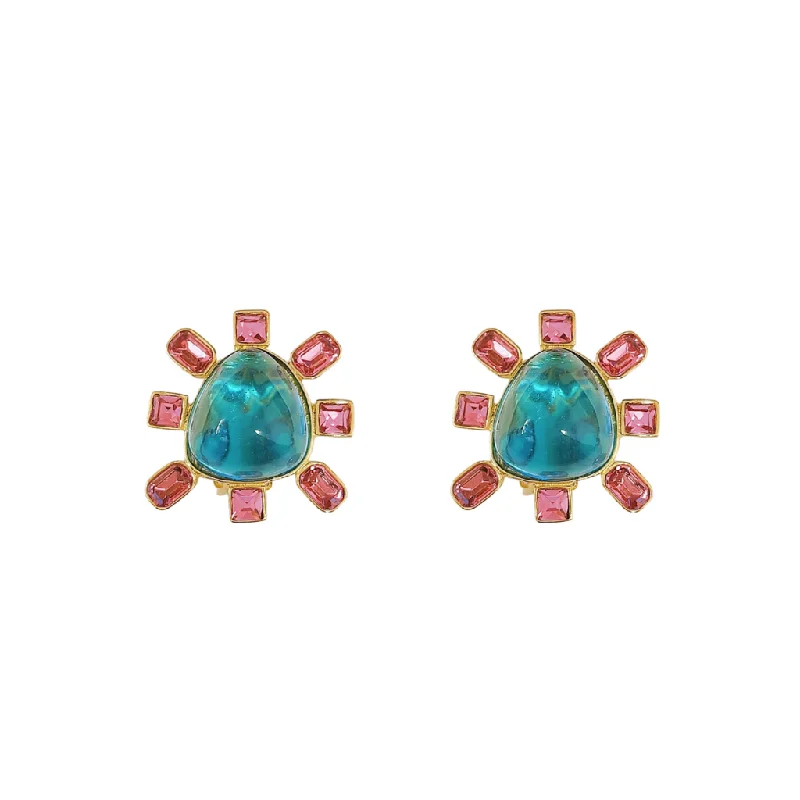 artisan-crafted titanium earrings-Trailing vine earrings-Pink and Aqua Cabochon Center Clip Earring