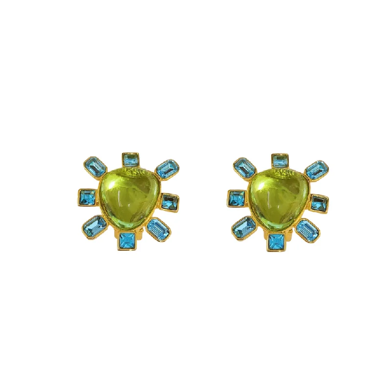 nature-themed crest ridge earrings-Carved pattern earrings-Aqua and Peridot Cabochon Center Clip Earring