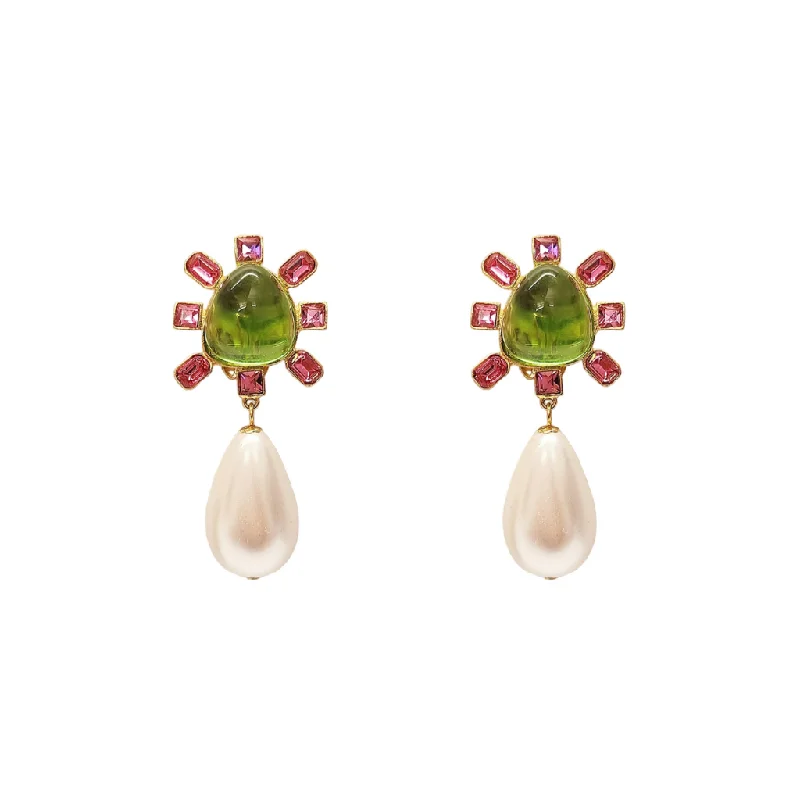 artisan-crafted jade earrings-Nebula drop earrings-Pink and Peridot Cabochon Center Pearl Drop Clip Earring