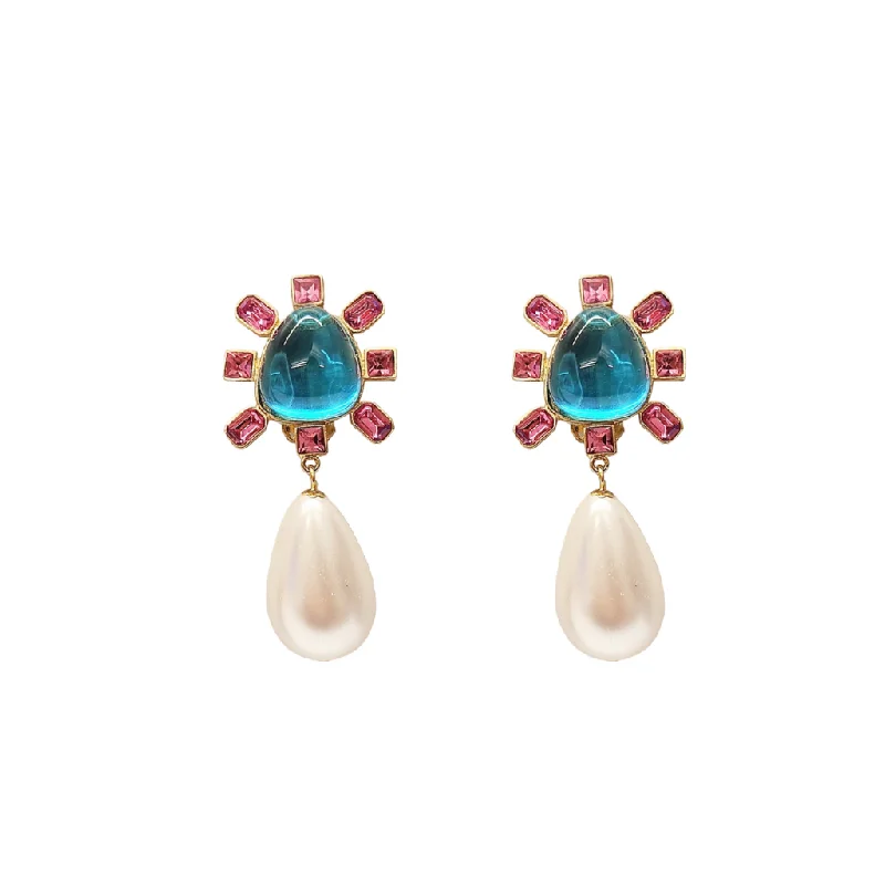 vintage-inspired citrine earrings-Barley stem earrings-Pink and Aqua Cabochon Center Pearl Drop Clip Earring