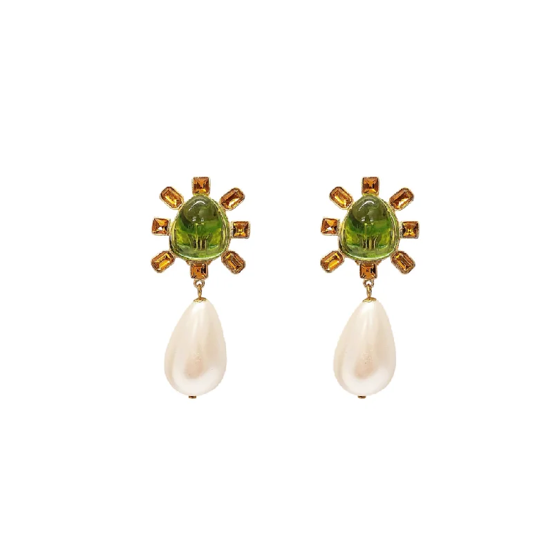 adjustable zinc stud earrings-Sunflower amber earrings-Topaz and Peridot Cabochon Center Pearl Drop Clip Earring