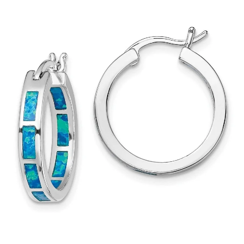 modern layered chalcedony earrings-Vedic gold earrings-Curata 925 Sterling Silver Rhodium Plated Blue Simulated Opal In and Out Hoop Earringss Measures 20x3.4mm Wid