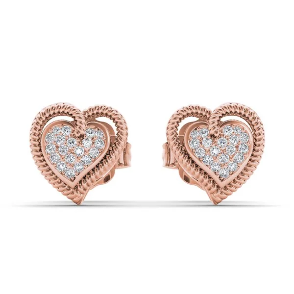 boho-inspired citrine earrings-Chestnut bead earrings-De Couer 10k Rose Gold 1/10ct TDW Diamond Heart Earrings - Pink