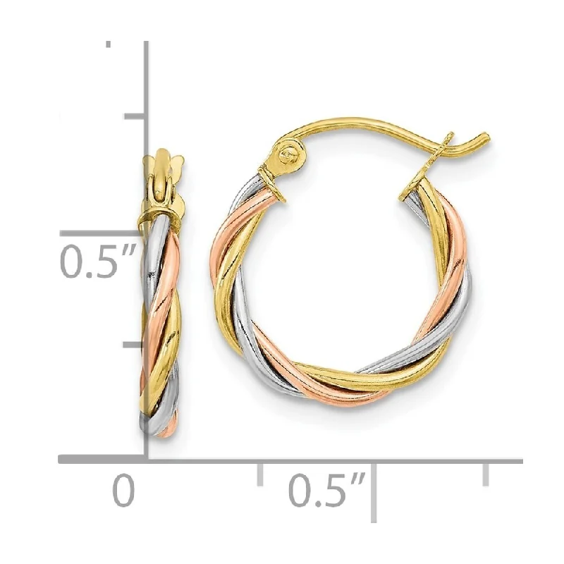 nature-themed crest ridge earrings-Carved pattern earrings-Diamond2Deal 10k Tri-color Gold Polished 2.5mm Twisted Hoop Earrings (L-16.28mm, W-14.7mm)