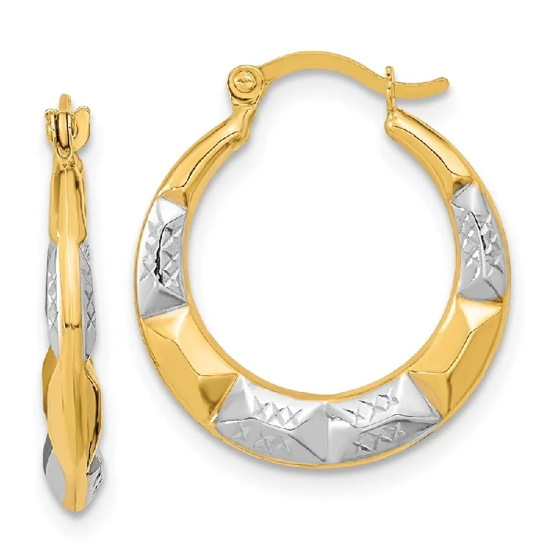 nature-themed summit apex earrings-Stream stone earrings-Diamond2Deal 10k Yellow Gold and Rhodium Hollow Hoop Earrings (L-19mm, W-18mm)