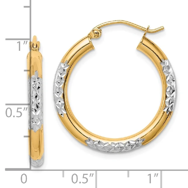 matte rose layer earrings-Brass toned earrings-Diamond2Deal 10k Yellow Gold with Rhodium Diamond Cut 3mm Hoop Earrings (L-25mm, W-25mm)