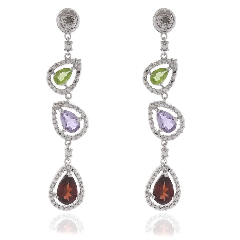 artisan-crafted rose earrings-Net weave earrings-Dolce Giavonna Silver Overlay Peridot, Amethyst, Garnet and Diamond Earrings