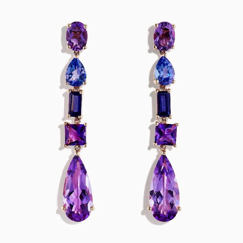 modern prong-set emerald earrings-Vaulted stud earrings-14K Rose Gold Iolite, Amethyst, and Tanzanite Earrings