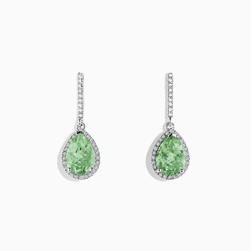 art deco peridot earrings-Barnacle shell earrings-14K White Gold Green Amethyst and Diamond Drop Earrings