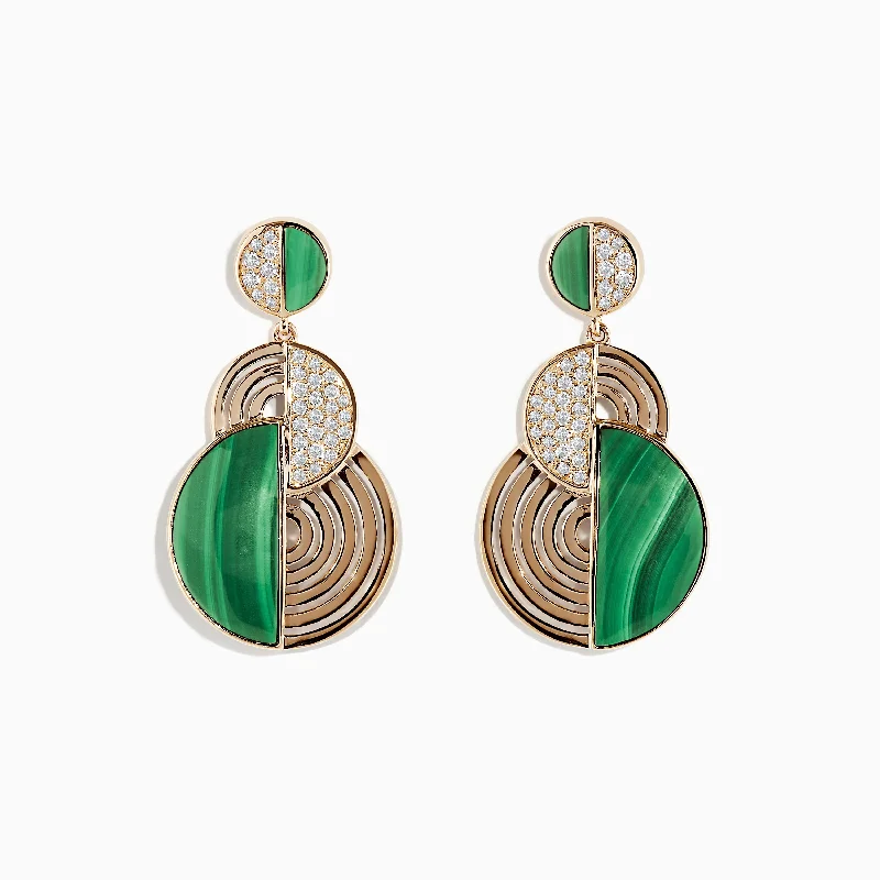 vintage-style turquoise earrings-Bungalow earrings-14K Yellow Gold Half Moon Malachite and Diamond Earrings