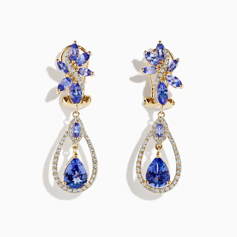 nature-themed ridge crest earrings-Fern vine earrings-14K Yellow Gold Tanzanite and Diamond Earrings