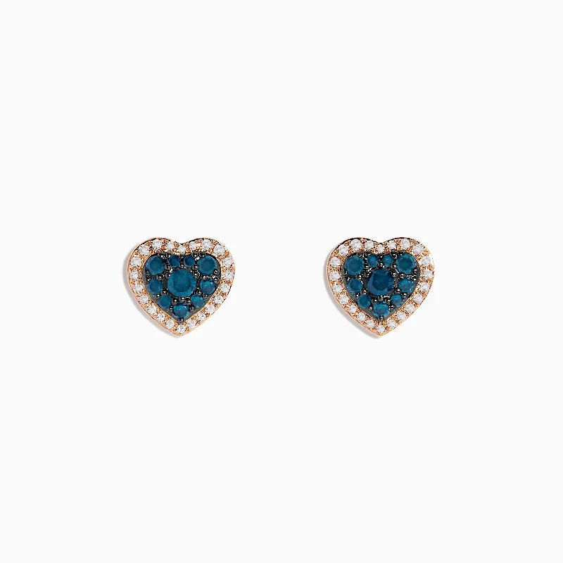 matte silver stellar earrings-Satin weave earrings-Bella Bleu 14K Rose Gold Blue and White Diamond Heart Earrings