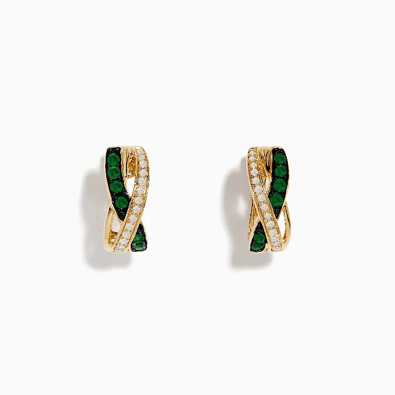 bold emerald summit apex earrings-Mottled finish earrings-14K Yellow Gold Emerald and Diamond Crossover Hoop Earrings 1/2"