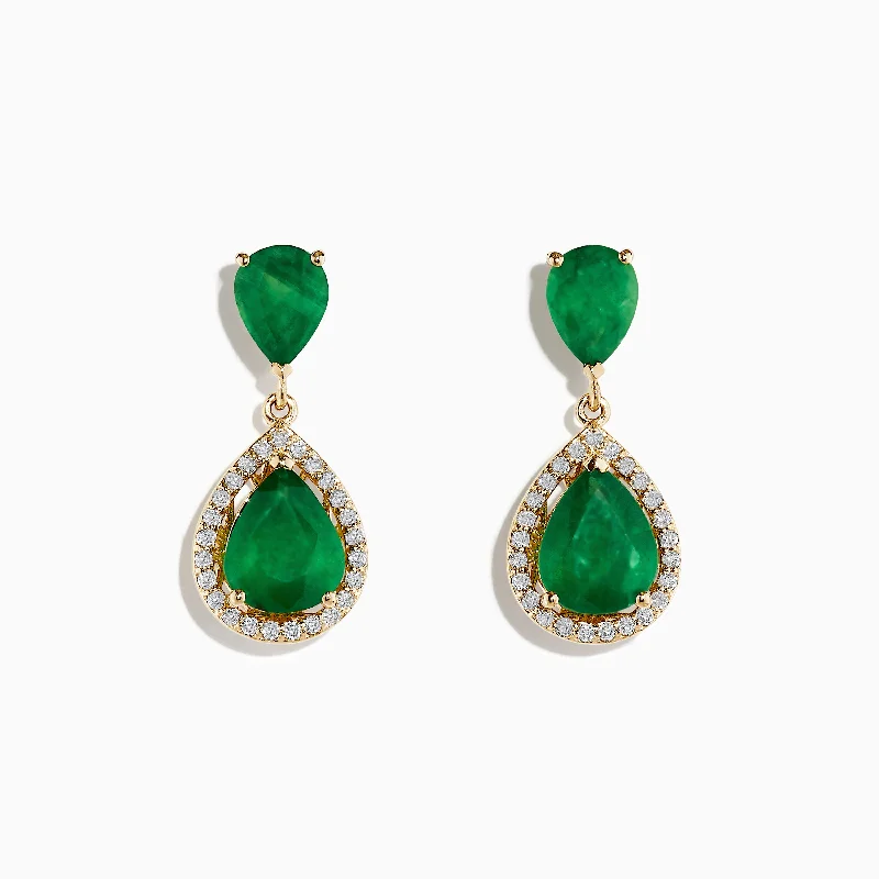 vintage-style emerald earrings-Layer pattern earrings-Brasillica 14K Yellow Gold Emerald and Diamond Drop Earrings