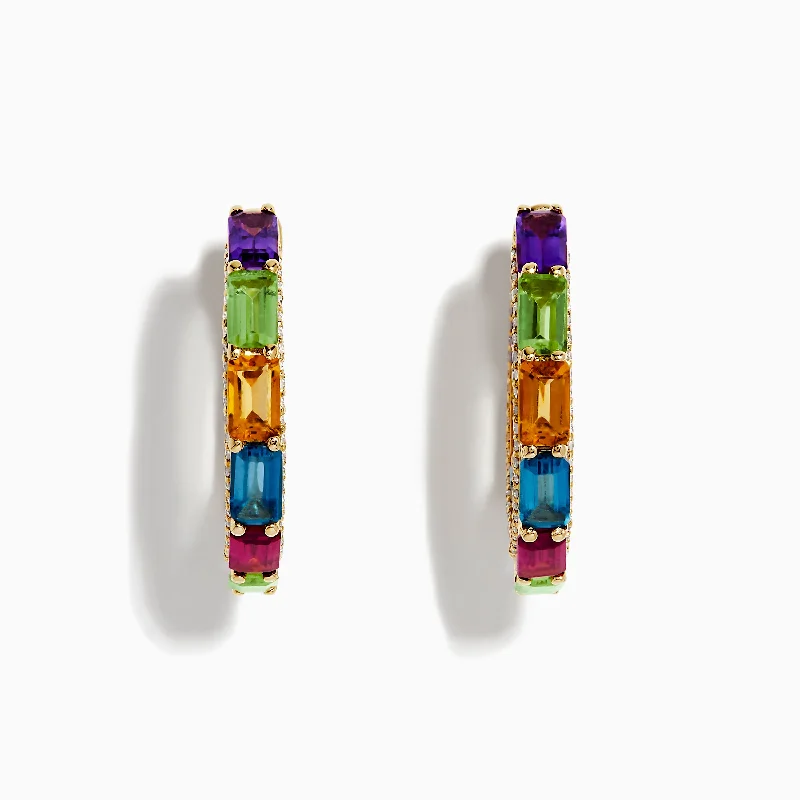 vintage-inspired garnet earrings-Sprout drop earrings-Mosaic 14K Yellow Gold Semi Precious and Diamond Hoops