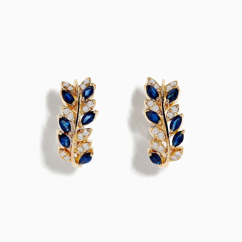 matte silver stellar earrings-Satin weave earrings-Royale Bleu 14K Yellow Gold Blue Sapphire and Diamond Earrings