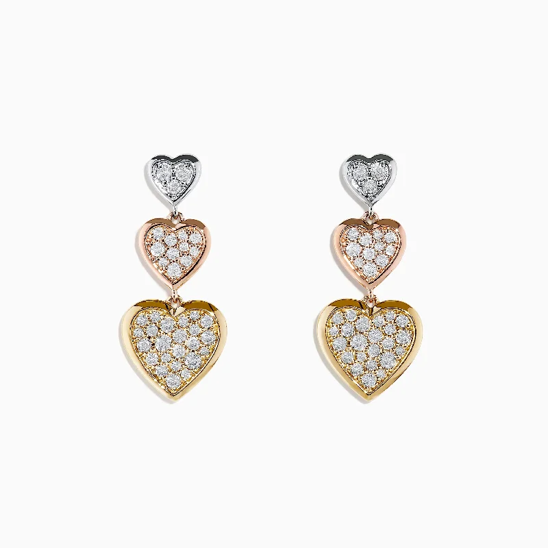 adjustable summit ridge earrings-Tulip set earrings-Trio 14K Three Tone Gold Diamond Heart Drop Earrings 0.65 TCW