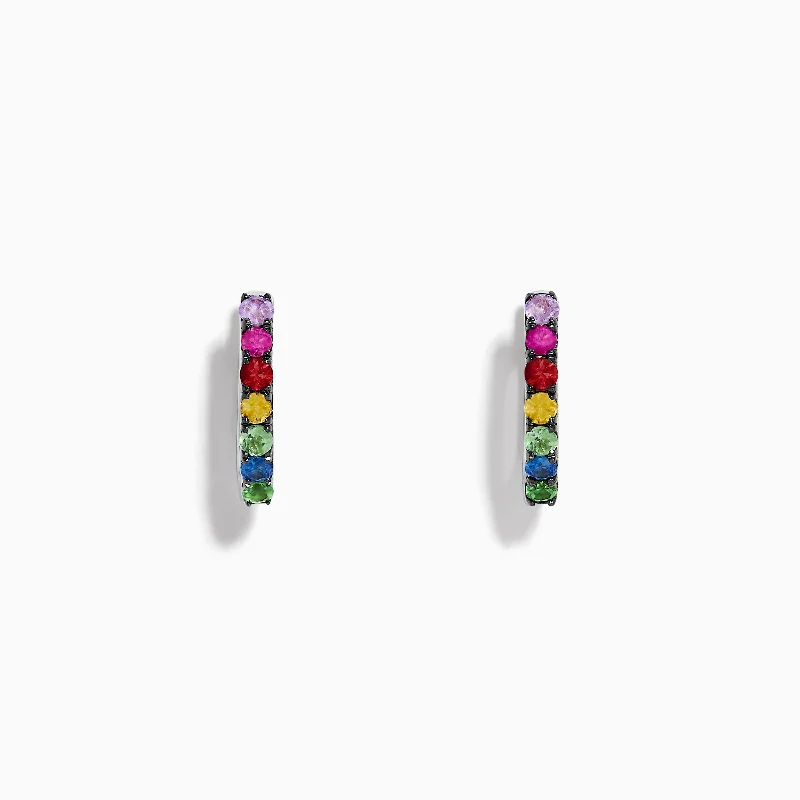 vintage-style opal earrings-Early stone earrings-Watercolors 14K White Gold Multi Sapphire Huggie Hoop Earrings