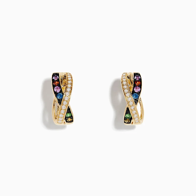 nature-themed crest ridge earrings-Carved pattern earrings-Watercolors 14K Yellow Gold Multi Sapphire and Diamond Earrings