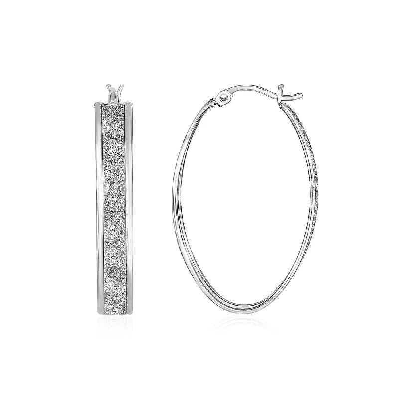 artisan-crafted rose earrings-Net weave earrings-Glitter Textured Oval Hoop Earrings in Sterling Silver