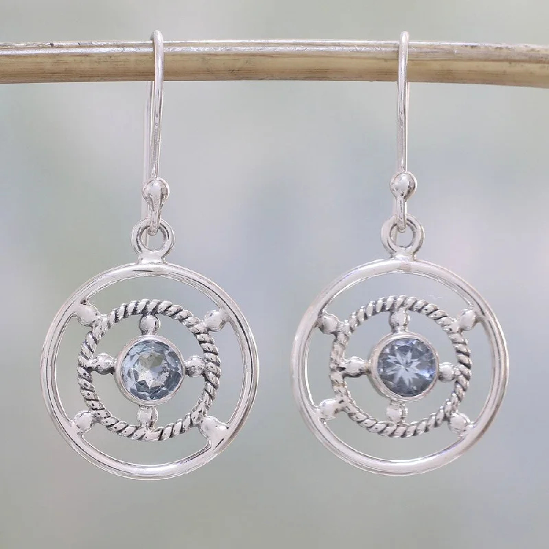 bold sapphire summit apex earrings-Basket weave earrings-Handmade Sterling Silver 'Blue Wheels' Blue Topaz Earrings (India) - 1.4*0.7