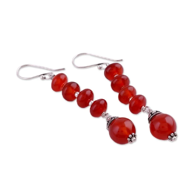 bold ruby summit apex earrings-Lacquered finish earrings-Handmade Sterling Silver 'Fire Fall' Carnelian Drop Earrings (India)